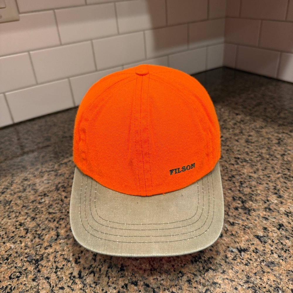Vtg Filson Hunter Logger Hat Orange Strap Back Made in USA